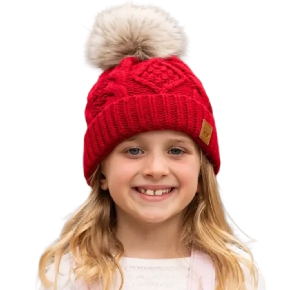 Panache Kids red cable knit hat with pom accent (63)